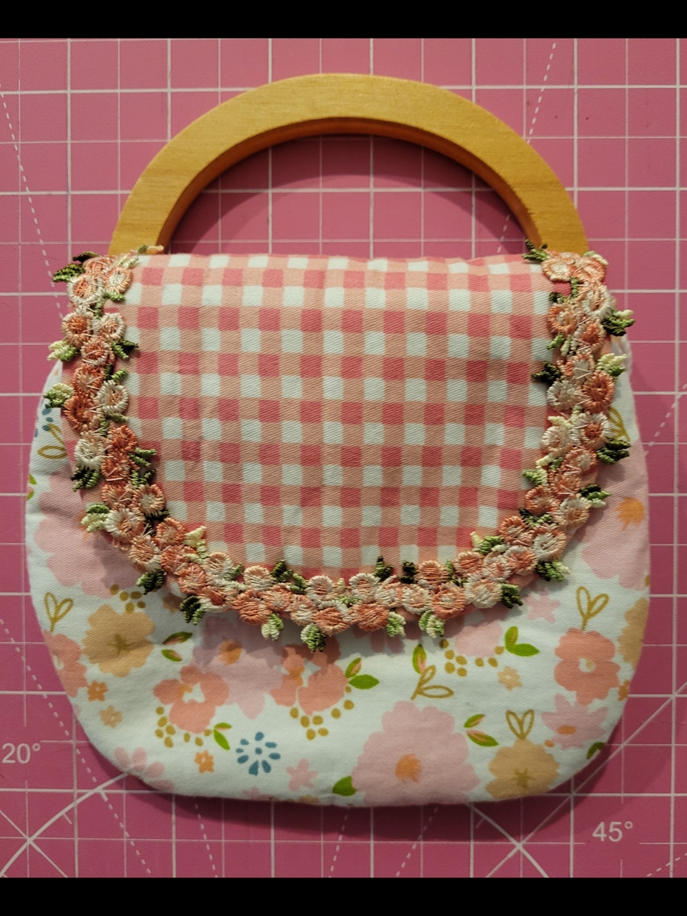 Little Girl's Pink Floral Gingham Handbag with Wooden Handle